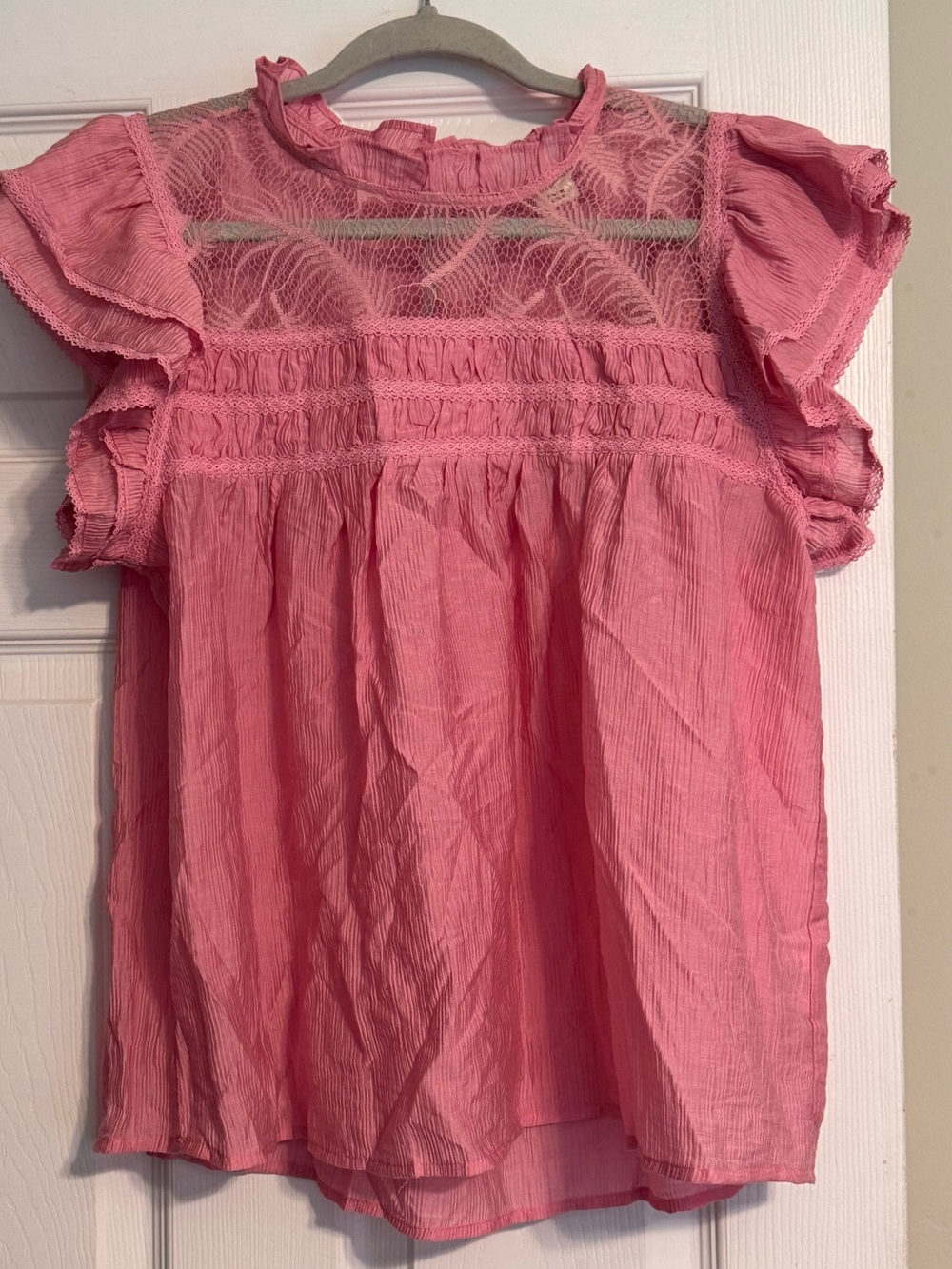 Laura Ashely Pink Lace Yoke Ruffle Sleeve Button Keyhole Back Blouse Size Large